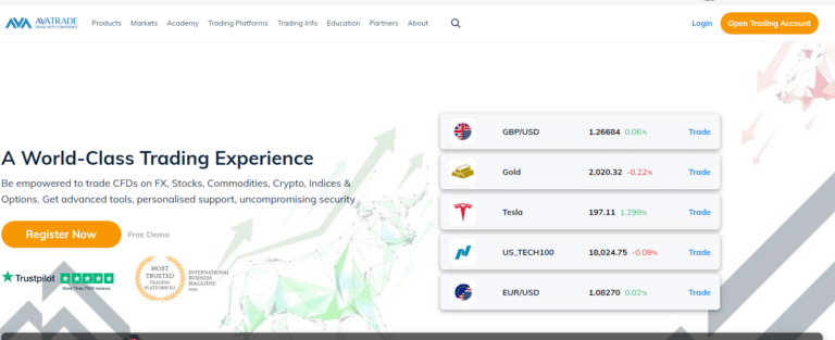 Avatrade desktop interface showcasing trading platform features