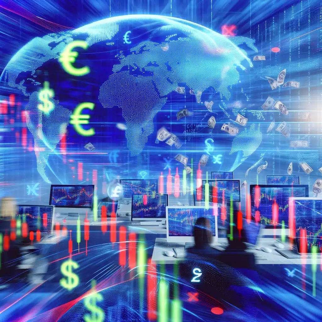 reflects the concept of Forex trading, capturing the dynamic and international essence of currency exchange markets. This visual brings to life the bustling trading floor atmosphere, complete with digital screens displaying currency pairs, a globe symbolizing global trade, and traders engaging with technology to make informed decisions. The vibrant and fast-paced environment depicted mirrors the energy and constant movement characteristic of the Forex market.