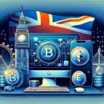 visualizing the concept of the crypto exchanges in the UK It merges elements of advanced technology, cryptocurrency symbols, and British identity to portray a leading, user-friendly crypto trading platform.