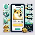 depicting the process of buying Dogecoin, designed to capture the cryptocurrency's fun essence and the straightforward nature of the transaction. The Dogecoin logo with the Shiba Inu prominently features to highlight the identity of Dogecoin