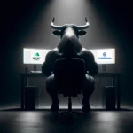 Silhouetted bull sitting at a desk with monitors displaying MEXC and Coinbase logos, symbolizing trading strength and Coinbase vs MEXC.