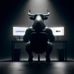 Silhouette of a bull sitting at a desk with monitors displaying crypto exchange logos, highlighting the OKX vs Coinbase comparison