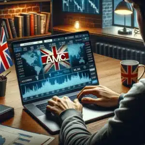 A person in the UK at a desk in a modern home office, using a laptop to buy AMC Entertainment shares online, with British elements like a UK flag and financial icons in the background, creating a professional atmosphere.