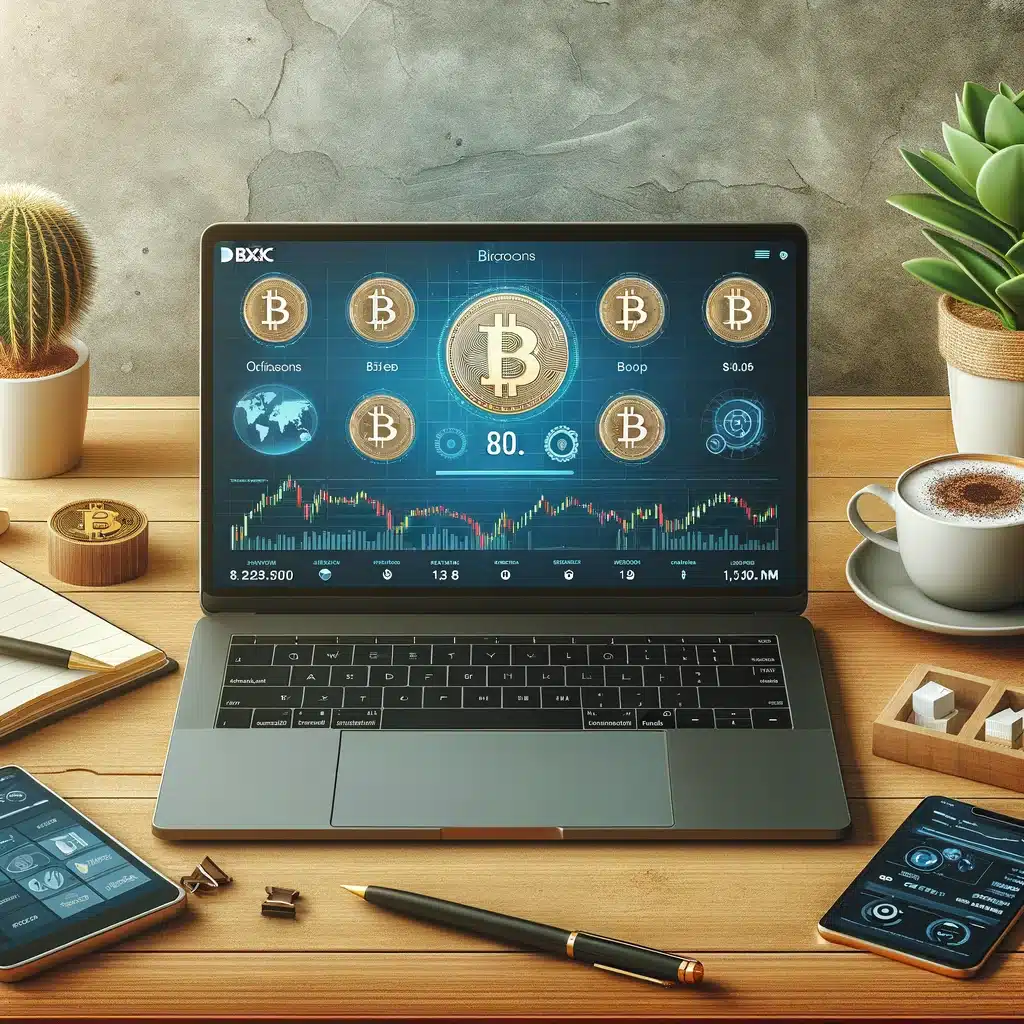 A laptop screen displaying the MEXC platform interface with Bitcoin trading charts and Bitcoin icons, set in a modern workspace with a potted plant, coffee cup, and notepad.