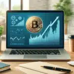 A modern, user-friendly interface of eToro platform on a laptop screen with Bitcoin graphics and a rising chart, set in a professional workspace with a plant, coffee cup, and notepad.