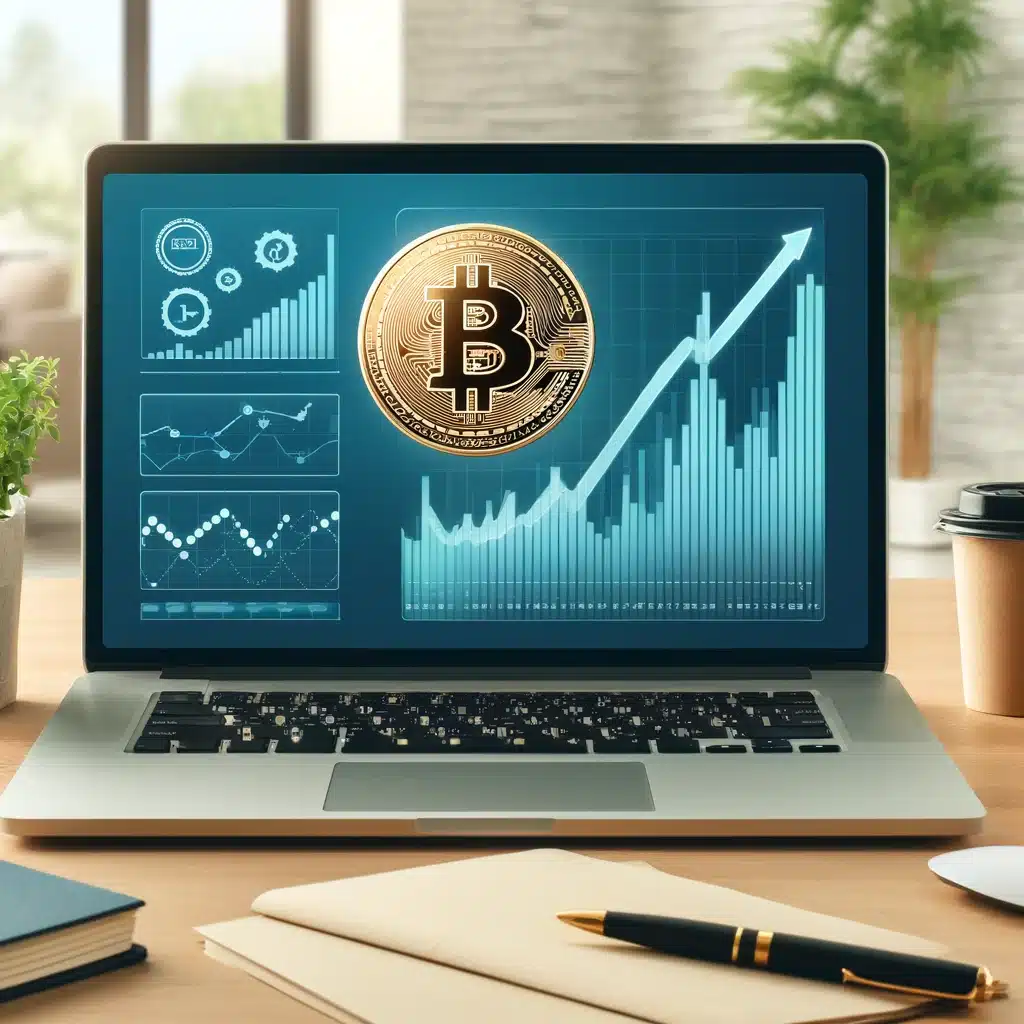 A modern, user-friendly interface of eToro platform on a laptop screen with Bitcoin graphics and a rising chart, set in a professional workspace with a plant, coffee cup, and notepad.