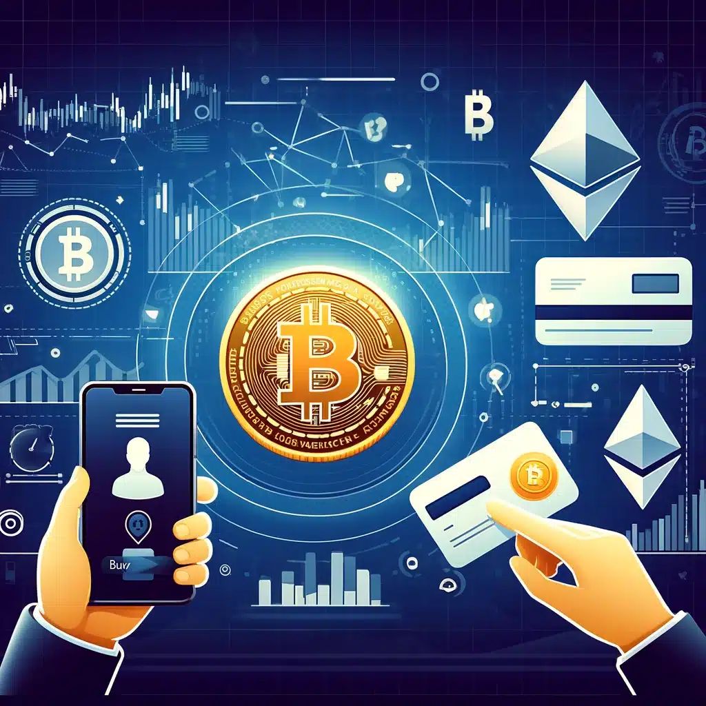 Illustration of the concept of cryptocurrency and how to buy it, featuring digital currency symbols like Bitcoin and Ethereum, a smartphone with a cryptocurrency wallet app, and a person making a transaction, with blockchain graphics and financial charts in the background.