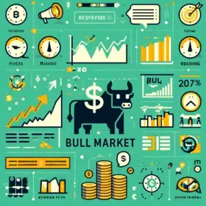 infographic illustrating the key characteristics of a bull market, including increased trading volumes, rising prices, and investor behavior