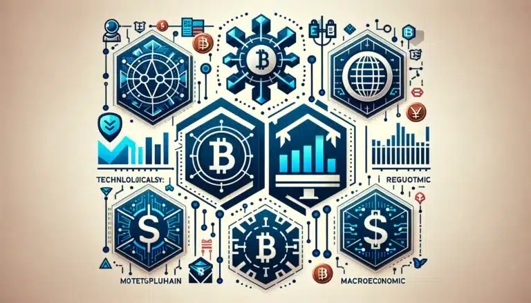 collage illustrating the factors influencing a bull market, including technological advancements like blockchain technology, regulatory changes with government icons or legal documents, and macroeconomic factors with global currency symbols and economic indicators