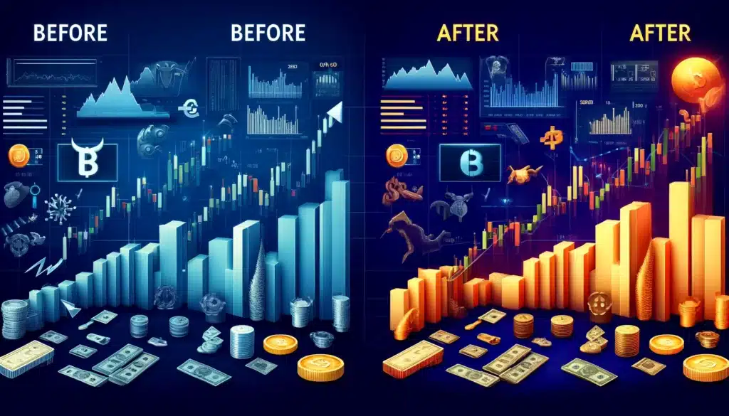 split-image comparison visualizing the market before and during a bull market, highlighting portfolio growth and increased market participation