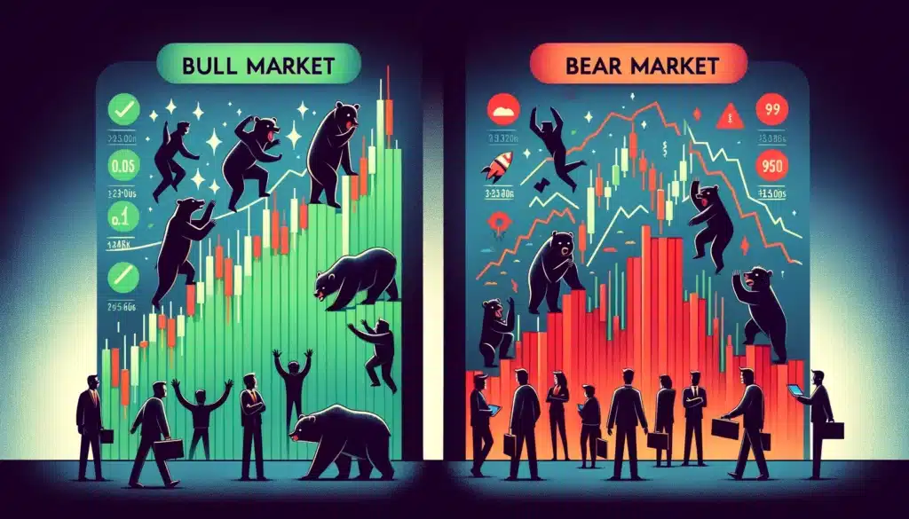 side-by-side images contrasting the visual representations of a bull market and a bear market, emphasizing different market sentiments and trading activities.