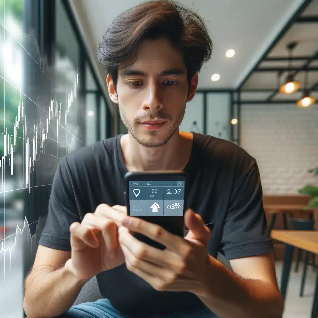 Young investor checking stock portfolio on a micro-investing app via smartphone to start investing with just £100." Image of various financial books and a laptop on a desk