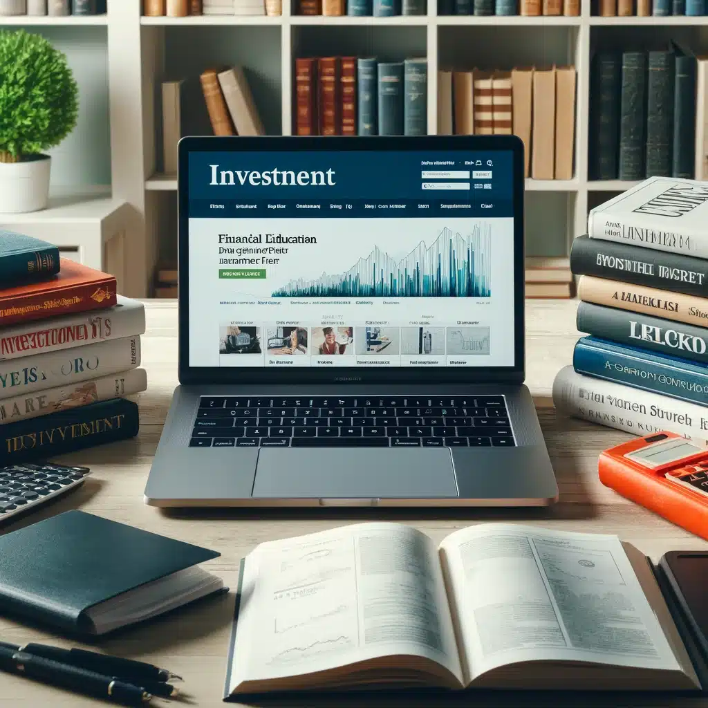 Desk with financial investment books and laptop displaying educational websites, resources for beginner investors starting with £100. Image of coins stacked on each other with a graph in the background showing growth