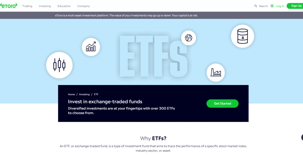 eToro ETFs page displaying the diverse investment options available, featuring icons for statistics, currency, oil, and industry, encouraging users to 'Get Started' with over 300 ETFs.