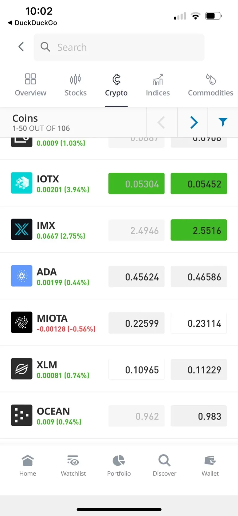 Cryptocurrency trading screen showing various coin prices, including IOTX, IMX, ADA, MIOTA, XLM, and OCEAN.