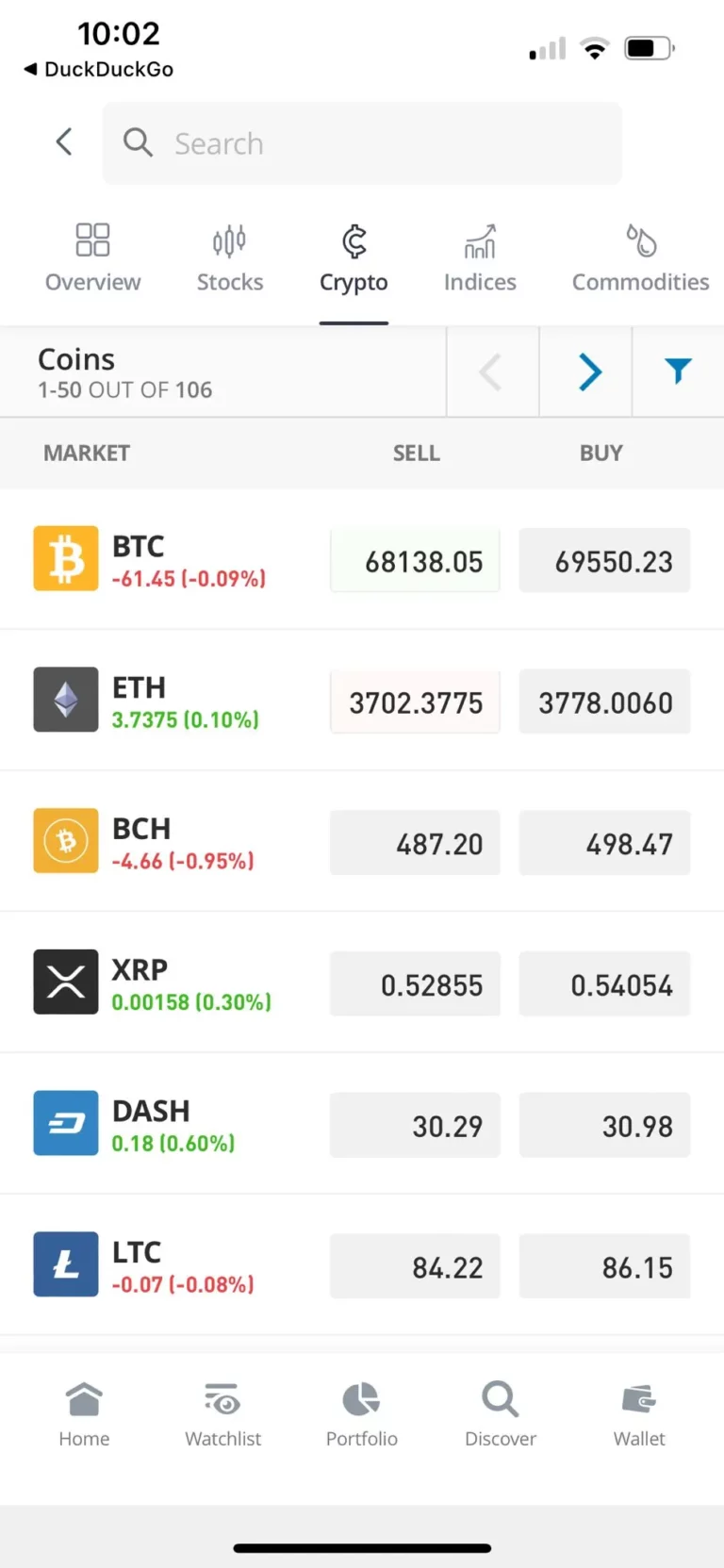 Cryptocurrency market screen displaying BTC, ETH, BCH, XRP, DASH, and LTC prices with sell and buy values.