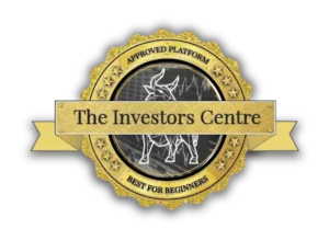 Golden badge labeled "The Investors Centre" with "Approved Platform" and "Best for Beginners" on a black background.