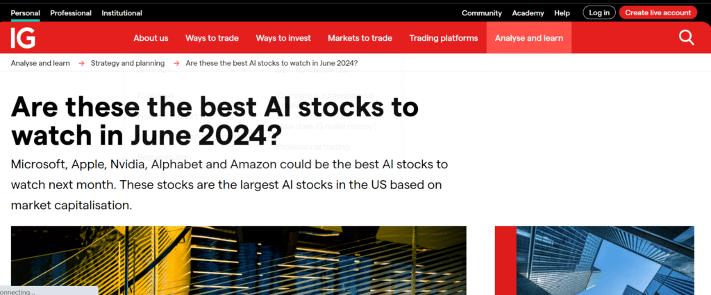 IG trading platform analysis page discussing the best AI stocks to watch in June 2024 in the U.S. market.