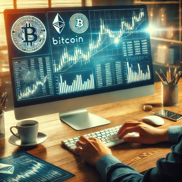 A person trading cryptocurrency on a desktop PC, analysing Bitcoin, Ethereum, and other digital assets with real-time charts and market graphs. A modern workspace with a sleek desk, coffee cup, and financial data on a large monitor enhances the trading environment.