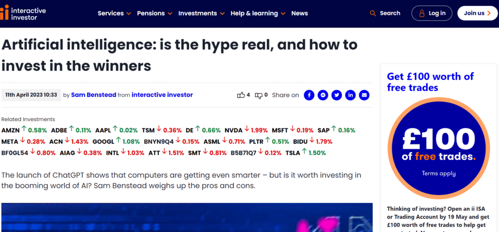 Interactive Investor webpage featuring an article on whether investing in AI is worth the hype with stock performance updates.