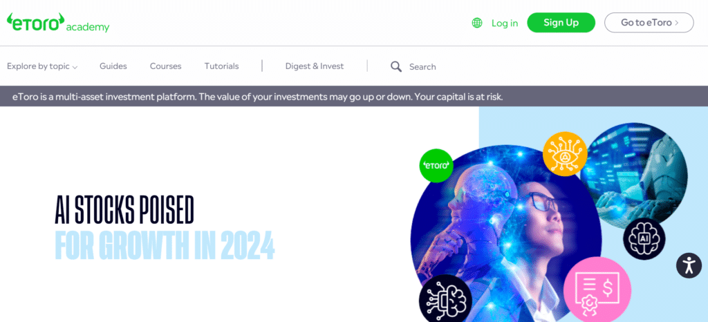 eToro Academy webpage highlighting AI Stocks Poised for Growth in 2024 with educational content links.