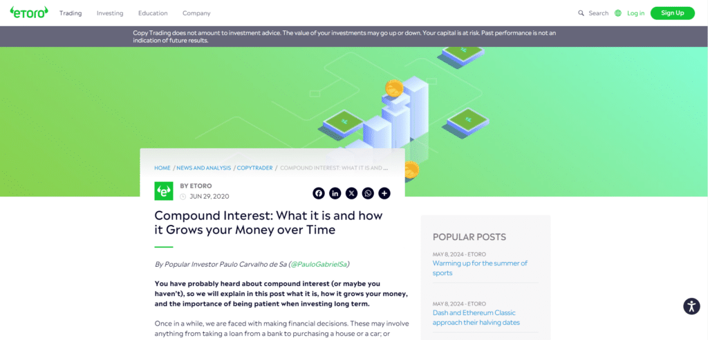 eToro website homepage showcasing an educational article on compound interest with green and white infographic design, posted by eToro on June 29, 2020