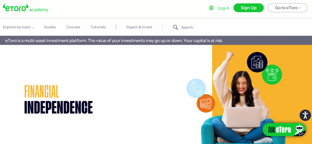 eToro Academy homepage featuring a joyful young woman using a laptop, with icons representing financial independence themes like saving, investing, and budget management, highlighted in a vibrant, educational setting.
