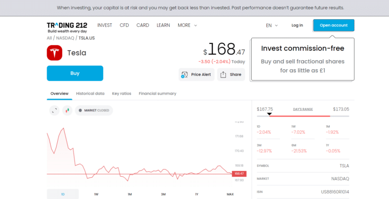 Trading 212 platform showing Tesla stock overview with price, market performance graph, and buy button.