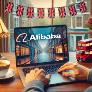 Person using a laptop with the Alibaba logo on the screen, sitting at a desk in a home office with a cup of tea, a small British flag, and a window showing a rainy street, representing a UK investor researching or purchasing Alibaba shares online.