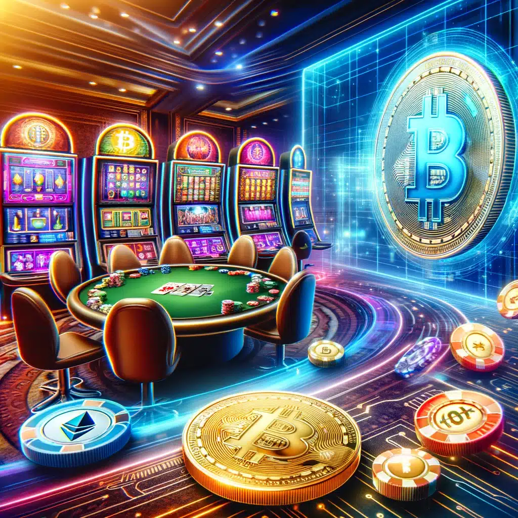 Futuristic scene of an online casino with digital slot machines and poker tables, where players use cryptocurrency symbols like Bitcoin and Ethereum as chips, showcasing the integration of cryptocurrency into the iGaming sector.
