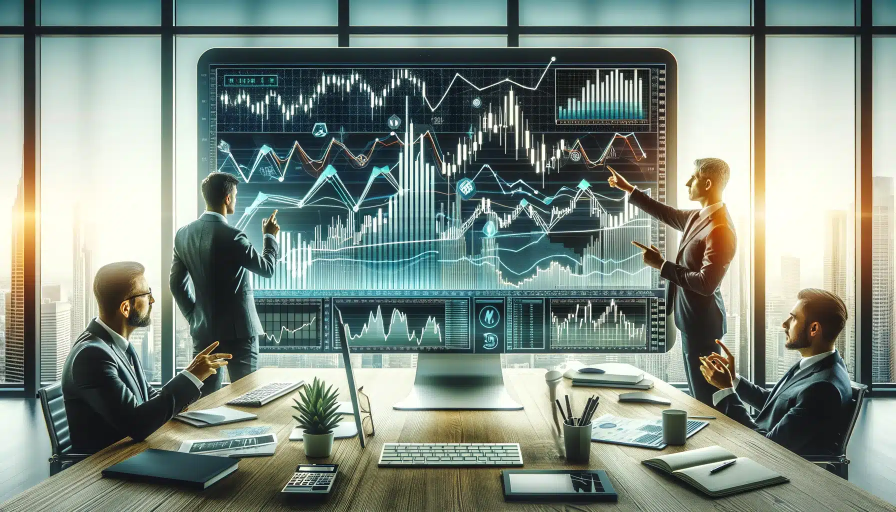 Financial analysts discussing stock market trends in a modern office with large digital displays showing various financial charts and graphs.