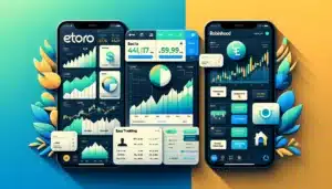 comparing the eToro and Robinhood online trading platforms. The left side represents eToro with its social trading features and community feed, while the right side showcases Robinhood's clean and minimalistic design, emphasizing easy access to various trading options.