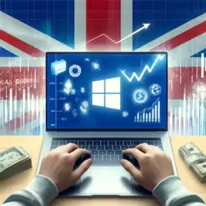 showing the process of buying Microsoft shares in the UK, featuring general symbols of stock trading, a person using a laptop with the Microsoft logo, and a UK flag in the background