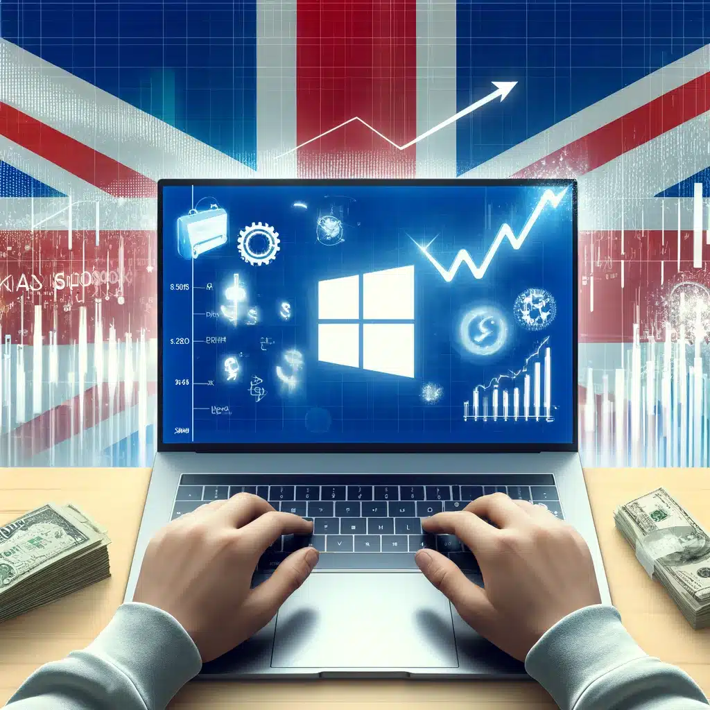 showing the process of buying Microsoft shares in the UK, featuring general symbols of stock trading, a person using a laptop with the Microsoft logo, and a UK flag in the background