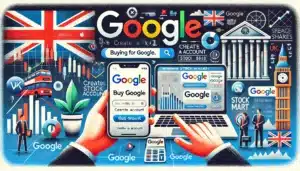 Vibrant digital artwork depicting the process of buying Google shares in the UK, featuring iconic British symbols and technology elements including a smartphone and laptop displaying stock information.