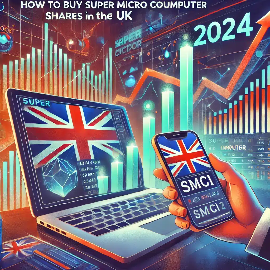 A vibrant, eye-catching blog header image for a 2024 guide on buying Super Micro Computer, Inc (SMCI) shares in the UK.