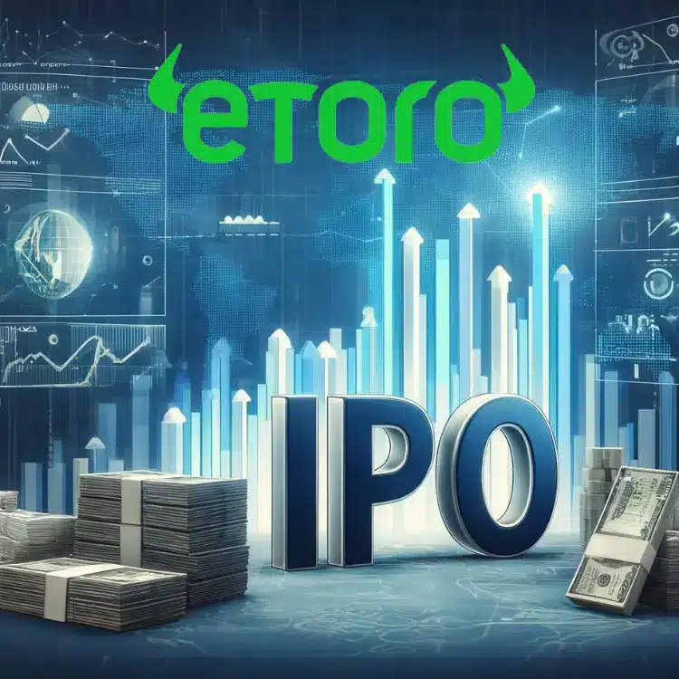 eToro logo above the word "IPO" with financial charts and stacks of cash representing Initial Public Offering.