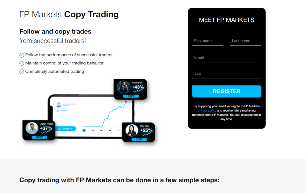 FP Markets copy trading interface demonstrating trade copying and performance tracking.