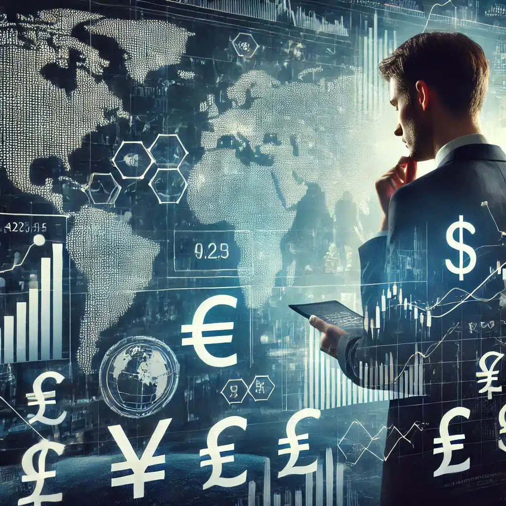 Businessperson analyzing financial charts and currency symbols on a digital screen with a world map in the background, emphasizing global financial markets and FX exposure management.