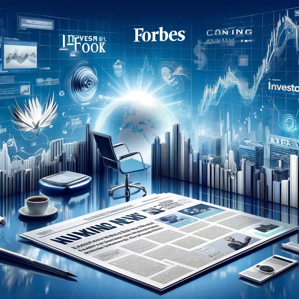 Professional scene depicting financial news elements such as stock charts, financial graphs, and news articles with logos of Forbes, Yahoo Finance, Motley Fool, Investopedia, and Investing.com. The background includes digital screens and newspapers, symbolizing both online and traditional media.