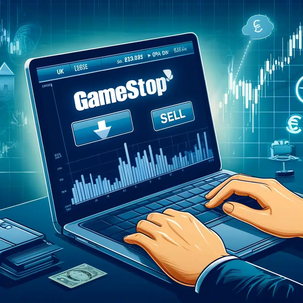 An illustration of a person using a laptop to short sell GameStop shares in the UK.