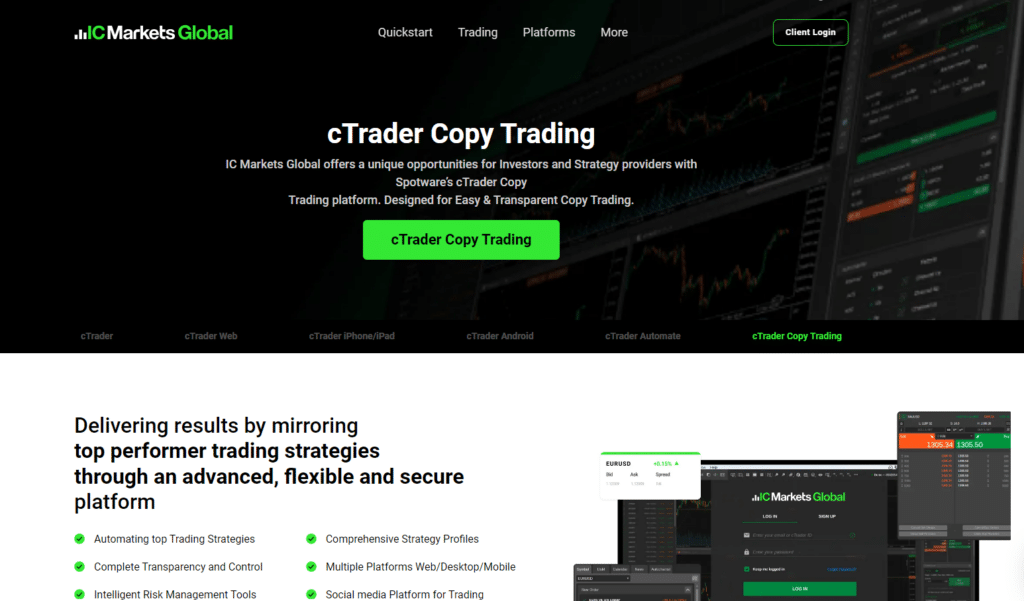 IC Markets copy trading platform interface with detailed trading strategies and tools.