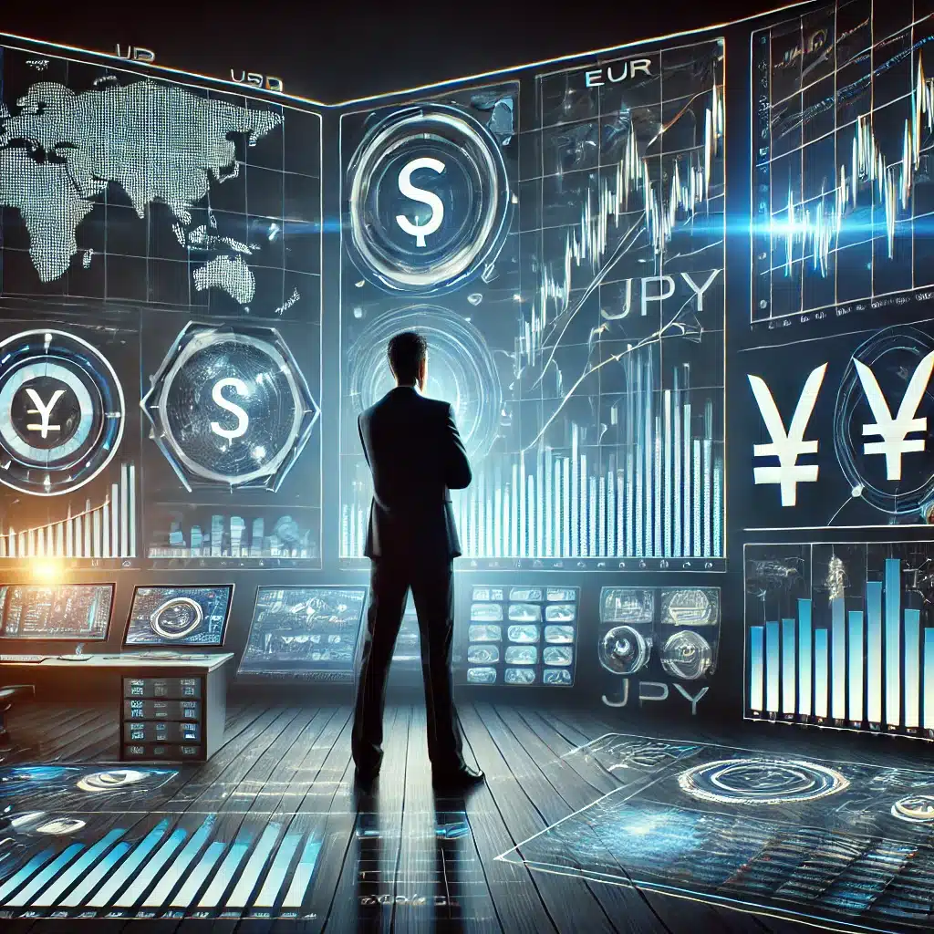 Man looking at trading screen with multiple currencies on it