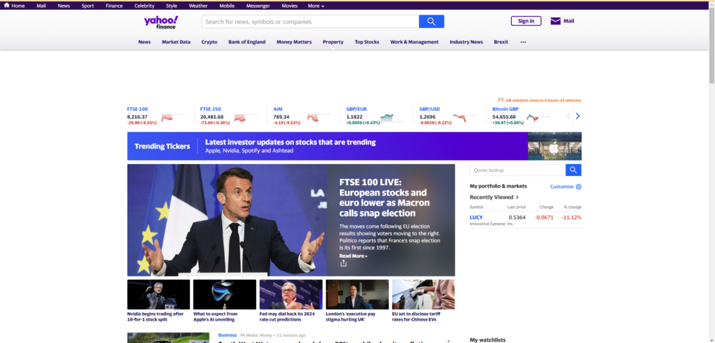Yahoo finance homepage screenshot