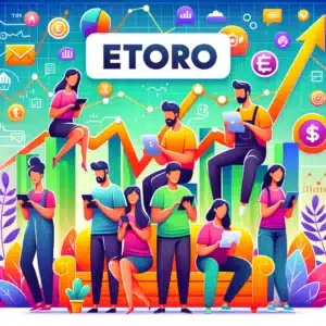 Illustration of diverse beginners exploring stock trading on their devices, with stock charts and financial symbols in the background and the eToro logo subtly integrated.