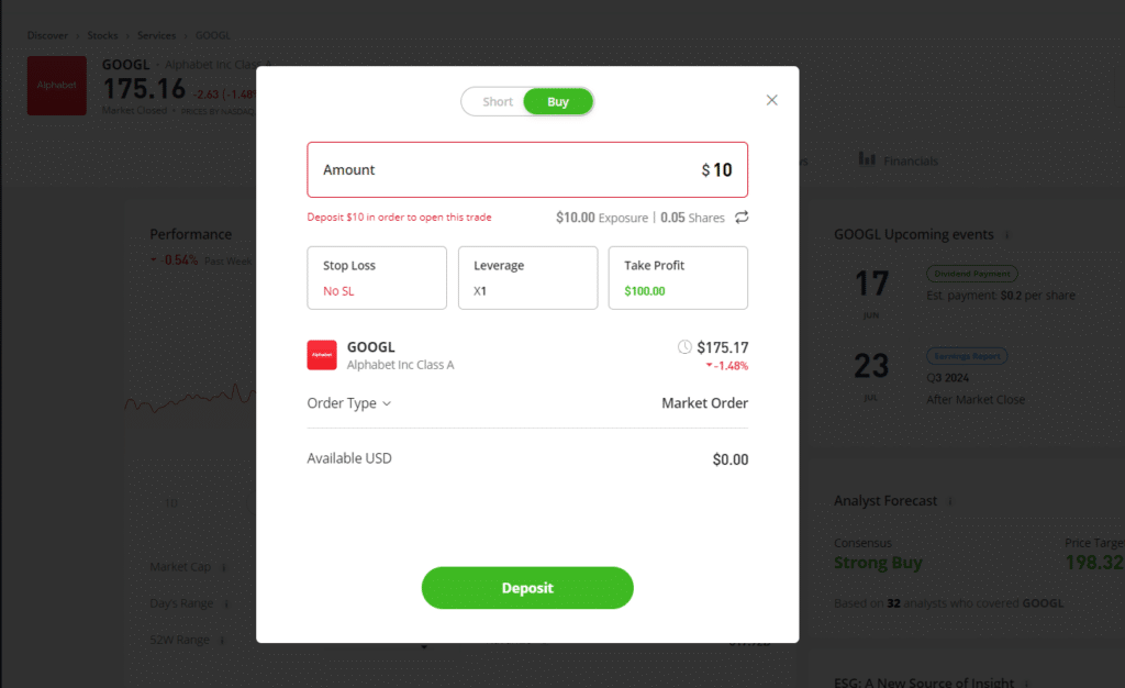 Screenshot of an online trading platform interface showing the buying options for Alphabet Inc Class A shares with details on amount, leverage, and price.