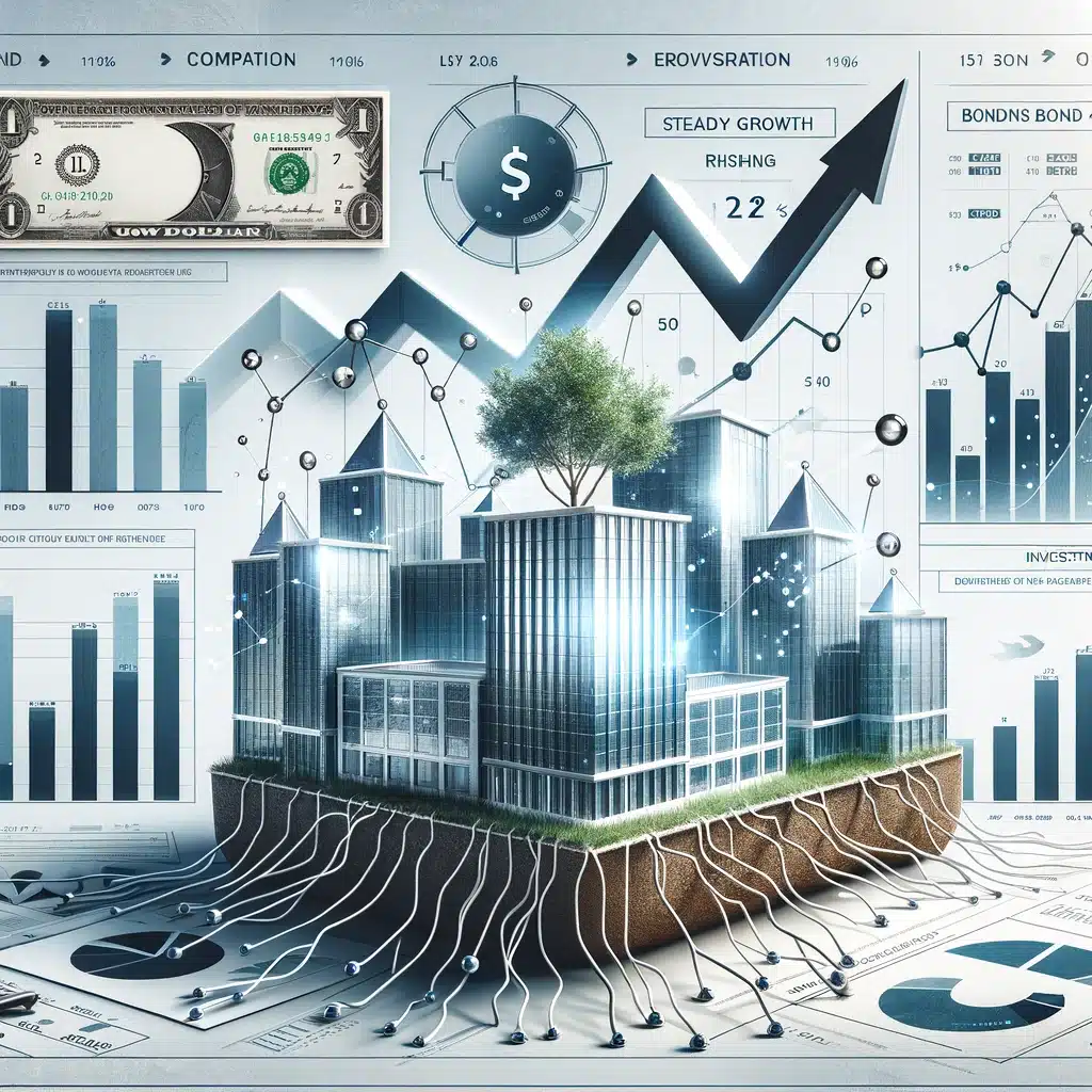Image illustrating 'How Corporate Bonds Can Improve Your Investment Strategy,' featuring corporate buildings, bond certificates, growth graphs, and investment portfolios, symbolizing stability and growth in a sophisticated financial environment.