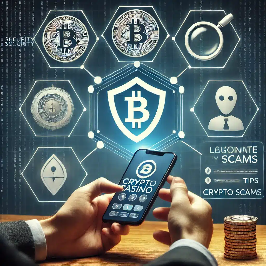 Person using a smartphone with a cryptocurrency casino app on the screen, with symbols of security, scrutiny, and a checklist for avoiding scams in the background, emphasizing the importance of choosing legitimate crypto casinos.