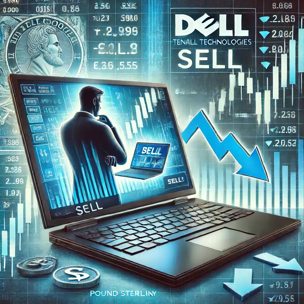 A realistic and striking illustration of a person using a laptop to short sell Dell Technologies shares in the UK.