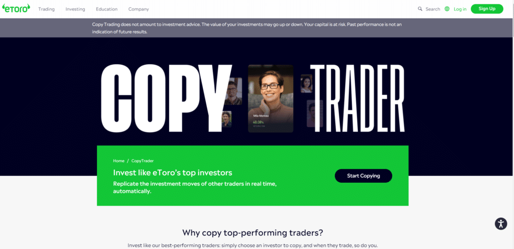 eToro copy trading platform highlighting top investors and trade replication